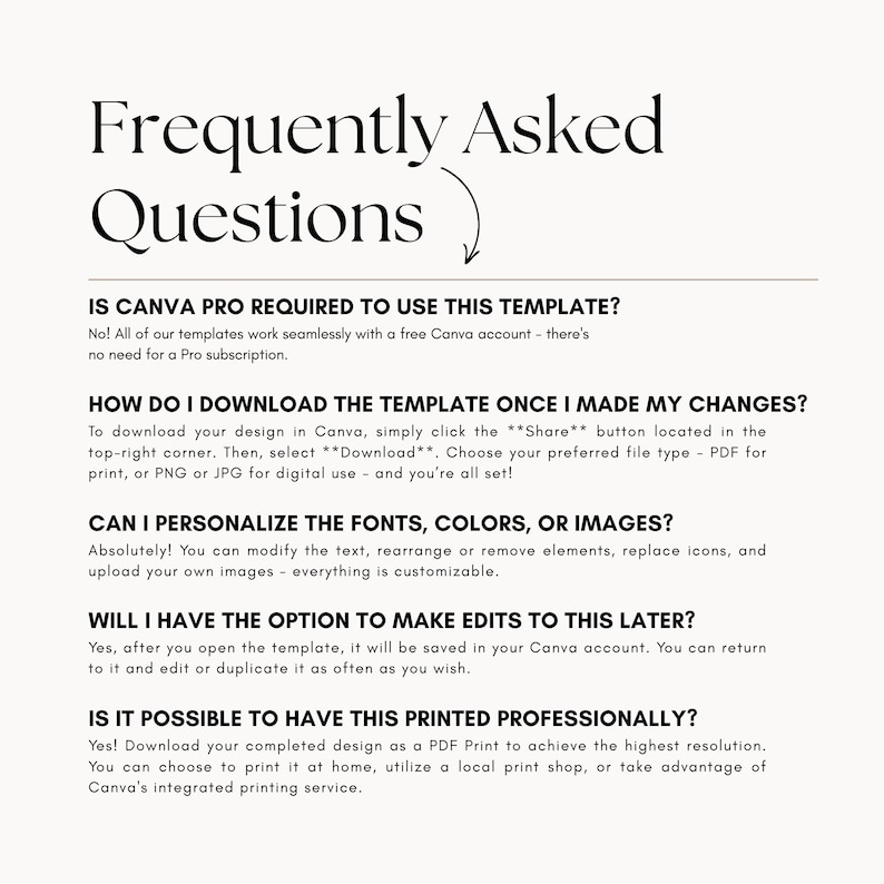 May include: A cream-colored graphic with the title "Frequently Asked Questions" in a stylish font. The text answers common questions about using a Canva template, including downloading, editing, and printing options. The text is in black.
