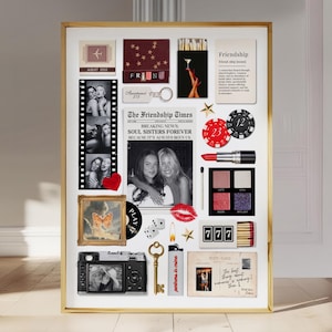 May include: A framed collage with a gold border, featuring various mementos. Includes black and white photos, a film strip, a vintage camera, a lipstick, and a postcard. The text includes "Friendship", "Soul Sisters Forever", and "partners in crime".