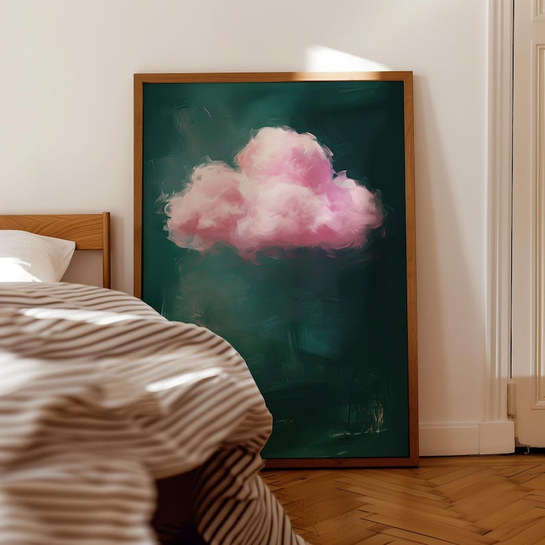 Digital emerald green pink cloud print featuring minimalist wall art style, abstract wall art, and maximalist wall art for modern decor.