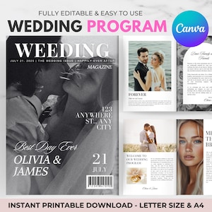 Trendy Wedding Magazine Template, Wedding Program Template, Customizable Magazine, Wedding Newspaper, Ebook Template Canva, Seating Chart
