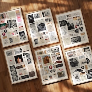 Puede incluir: Seis collages enmarcados con fotos, cerillas y elementos decorativos. Cada collage presenta fotos en blanco y negro, pegatinas y notas manuscritas. Los collages están dispuestos sobre una superficie de madera, con un tono cálido y natural.