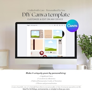 以下が含まれることがあります： カスタマイズ可能な要素を備えたDIY Canvaテンプレートが、コンピューターモニターに表示されています。画面には、ヴィンテージテレビ、風景、トランプなど、画像のコラージュが表示されています。Canvaのロゴが表示されています。画面のテキストは「あらゆるデバイスでカスタマイズして編集」と表示されています。