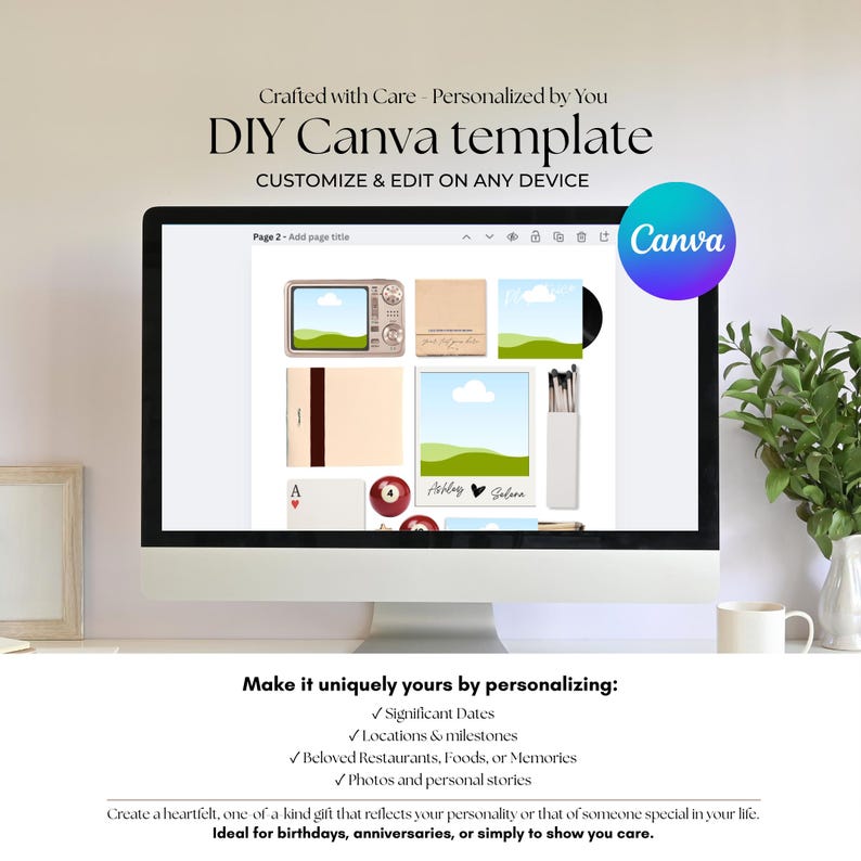 以下が含まれることがあります： カスタマイズ可能な要素を備えたDIY Canvaテンプレートが、コンピューターモニターに表示されています。画面には、ヴィンテージテレビ、風景、トランプなど、画像のコラージュが表示されています。Canvaのロゴが表示されています。画面のテキストは「あらゆるデバイスでカスタマイズして編集」と表示されています。