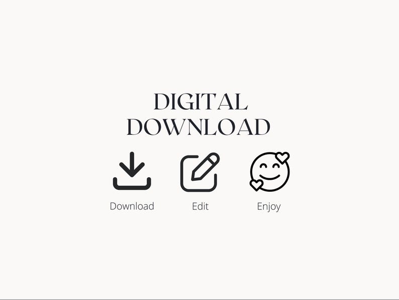 Pode incluir: Conjunto de &iacute;cones de download digital com uma seta de download, um l&aacute;pis em um quadrado e um rosto sorridente com cora&ccedil;&otilde;es. O texto abaixo dos &iacute;cones diz "Download", "Editar" e "Aproveitar".