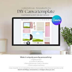 May include: A computer screen displays a DIY Canva template with customizable elements. The design includes a pink retro TV, a ticket, a vinyl record, and a pink matchbox. Text on the screen reads "DIY Canva template" and "Customize & Edit on Any Device."