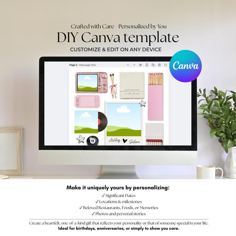 May include: A computer screen displays a DIY Canva template with customizable elements. The design includes a pink retro TV, a ticket, a vinyl record, and a pink matchbox. Text on the screen reads "DIY Canva template" and "Customize & Edit on Any Device."
