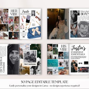 May include: A 50-page editable template with a collage design. The layout includes the text "HER VIBE", "Inside SELENA'S BAG", "Who's that BOY?", and "Justin's EVERYDAY ESSENTIALS". The template is designed for easy personalization in Canva.