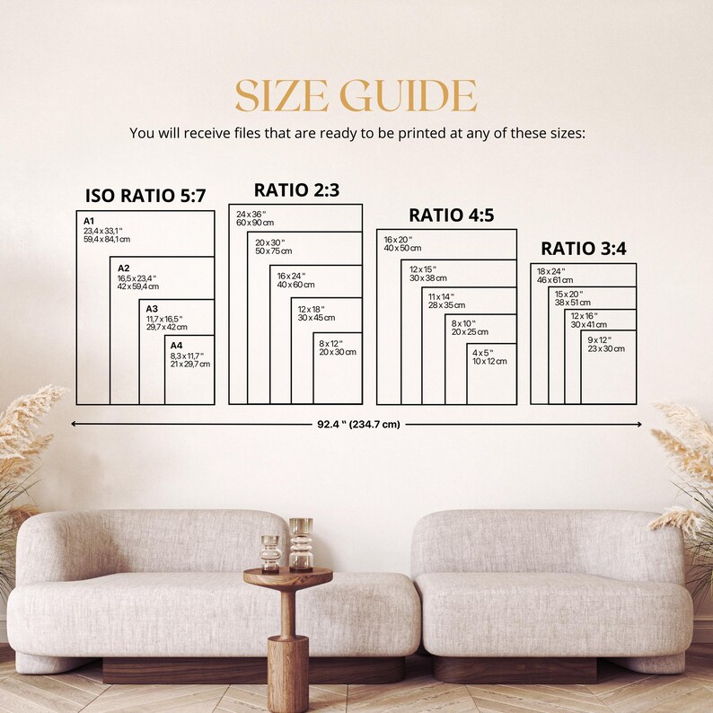 May include: A size guide graphic displays print sizes in inches and centimeters for various aspect ratios: ISO 5:7, 2:3, 4:5, and 3:4. The guide includes sizes like 24x36 inches (60x90 cm) and 8x10 inches (20x25 cm). The text reads, "You will receive files that are ready to be printed at any of these sizes:"