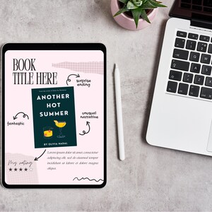 Pode incluir: Um tablet digital que exibe a capa de um livro intitulado "Another Hot Summer" de Olivia Madal. A capa apresenta uma ilustra&ccedil;&atilde;o de um coquetel e o texto "fant&aacute;stico", "final surpresa" e "narrativa incomum" em escrita manuscrita.