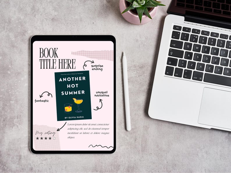 Pode incluir: Um tablet digital que exibe a capa de um livro intitulado "Another Hot Summer" de Olivia Madal. A capa apresenta uma ilustra&ccedil;&atilde;o de um coquetel e o texto "fant&aacute;stico", "final surpresa" e "narrativa incomum" em escrita manuscrita.