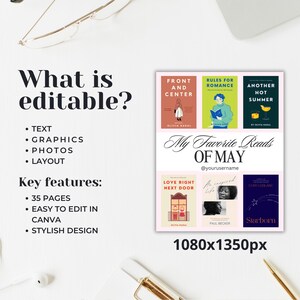 Pode incluir: Um modelo digital rosa e branco para uma publica&ccedil;&atilde;o de resenha de livros. O modelo apresenta uma grade de seis capas de livros com o texto "Minhas leituras favoritas de maio" e "@yourusername".