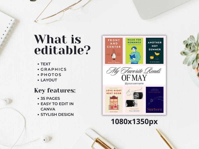Pode incluir: Um modelo digital rosa e branco para uma publica&ccedil;&atilde;o de resenha de livros. O modelo apresenta uma grade de seis capas de livros com o texto "Minhas leituras favoritas de maio" e "@yourusername".