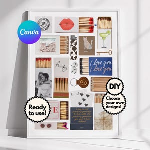 Modelo de caixa de fósforos em branco, impressão de fotos personalizada, impressão de dia dos namorados, presente de imagem personalizado, arte de parede para impressão, caixa de fósforos faça você mesmo, editável no Canva