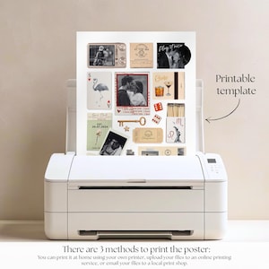 May include: A white printer with a printed poster featuring various vintage-style images and text. The poster includes photos, playing cards, and the text "Play Twice". The text "Printable template" is also visible. The bottom of the image has text about printing methods.