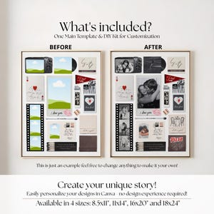 May include: A side-by-side comparison of a photo template before and after customization. The "Before" side shows placeholders, while the "After" side displays photos and text. Text includes "What's included?" and "Create your unique story!" Available in 8.5x11", 11x14", 16x20" and 18x24" sizes.