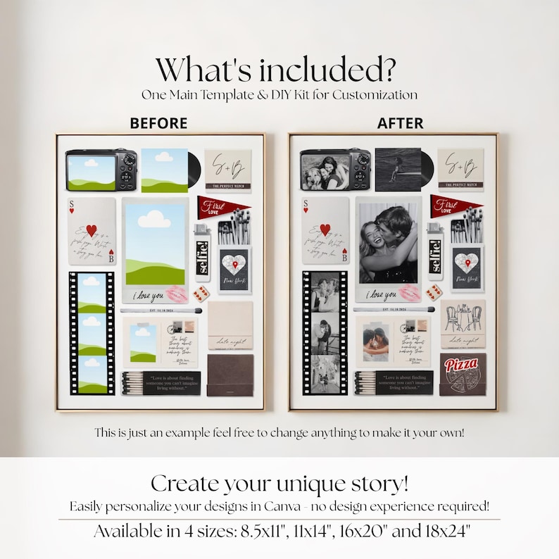 May include: A side-by-side comparison of a photo template before and after customization. The "Before" side shows placeholders, while the "After" side displays photos and text. Text includes "What's included?" and "Create your unique story!" Available in 8.5x11", 11x14", 16x20" and 18x24" sizes.