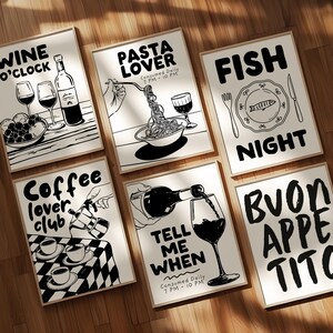 Kitchen Print Set Of 6 Bold Retro, Coffee Poster, Pasta Print, Bar Cart Print, Funky Food Wall Art, Apartment Decor Gift, Printable Wall Art
