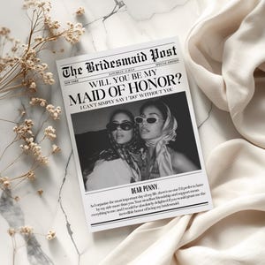 Modelo de jornal para pedido de casamento no Canva, modelo de cartão "Quer ser minha madrinha?", pedido de casamento para florista, cartão de madrinha com foto