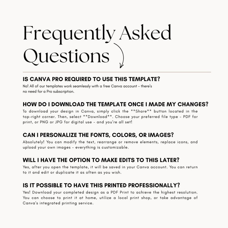 May include: A cream-colored document with black text. The title "Frequently Asked Questions" is at the top. The document answers questions about using a Canva template, including downloading, editing, and printing options.