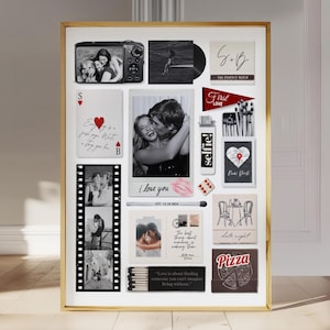 May include: A framed collage featuring various black and white photos and decorative elements. Includes a camera, playing cards, a film strip, and matchboxes with text like "Selfie!" and "Pizza." The theme appears to be romantic and sentimental.