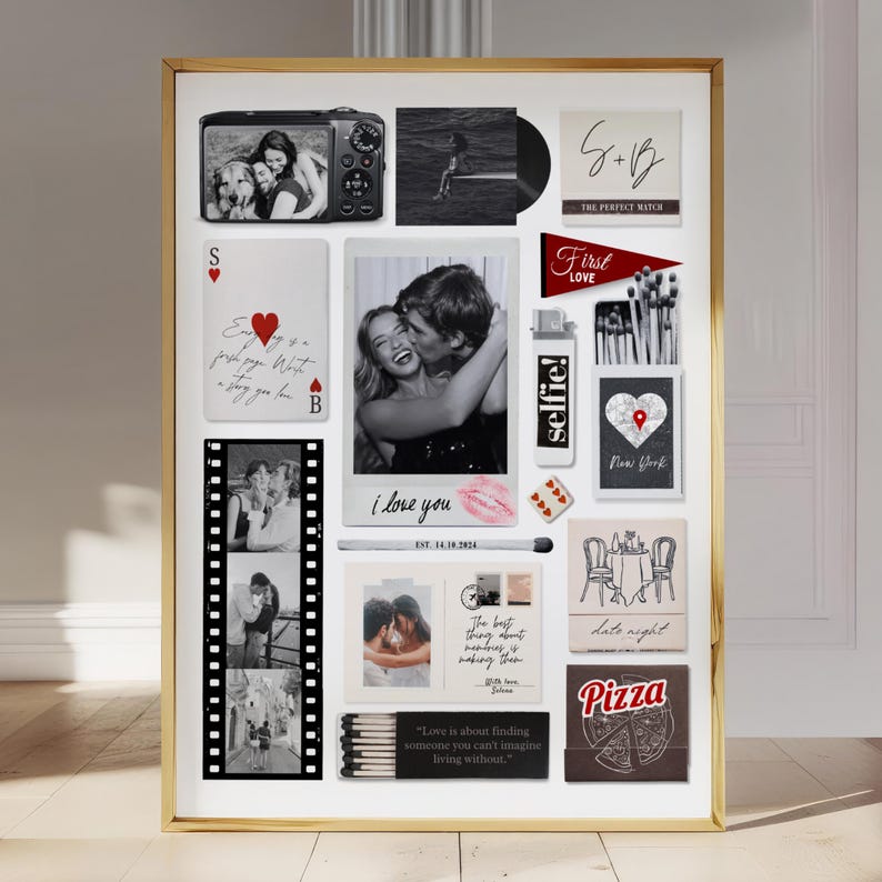 May include: A framed collage featuring various black and white photos and decorative elements. Includes a camera, playing cards, a film strip, and matchboxes with text like "Selfie!" and "Pizza." The theme appears to be romantic and sentimental.