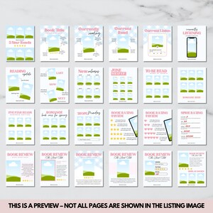 May include: Printable digital planner pages for book lovers. The pages feature a light blue background with clouds and green hills. The pages include sections for book titles, currently reading, current mood, current listen, 5 star reads, reading update, new releases, June bullet, to be read, five star reads, romance book recs for spring, trope sunday, book rating system, book rating system, and book review.