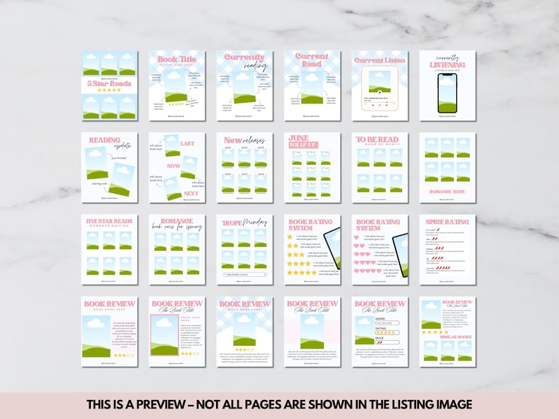May include: Printable digital planner pages for book lovers. The pages feature a light blue background with clouds and green hills. The pages include sections for book titles, currently reading, current mood, current listen, 5 star reads, reading update, new releases, June bullet, to be read, five star reads, romance book recs for spring, trope sunday, book rating system, book rating system, and book review.