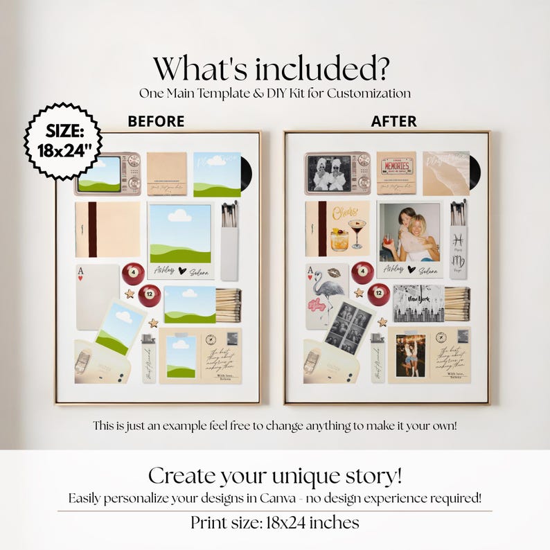 以下が含まれることがあります： 「Before」と「After」とラベルされた、さまざまなデザイン要素を含む額入りのコラージュテンプレート。「What's included?」と「Create your unique story!」のテキストが表示されます。印刷サイズは45.7 x 61 cmです。