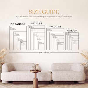 May include: A size guide graphic displays print sizes in inches and centimeters for various aspect ratios: ISO 5:7, 2:3, 4:5, and 3:4. The guide includes sizes like 24x36 inches (60x90 cm) and smaller options. The text "SIZE GUIDE" is at the top.