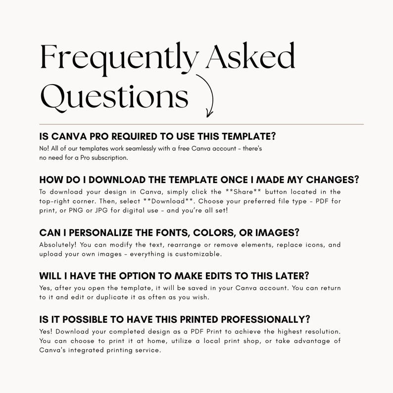 以下が含まれることがあります： 黒いテキストが入ったクリーム色のドキュメント。タイトル「Frequently Asked Questions」が上部にあります。このドキュメントは、ダウンロード、編集、印刷など、Canvaテンプレートの使用に関する質問に答えます。