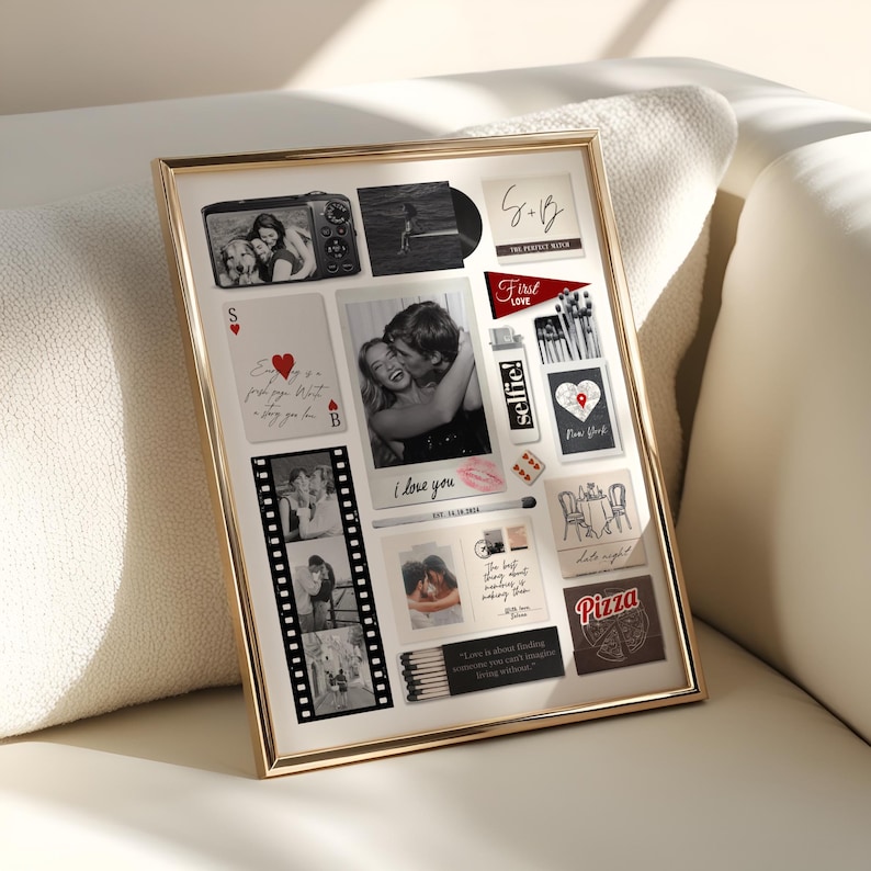 May include: A framed collage with a gold border, featuring various black and white photos and small decorative elements. The photos include a couple, a camera, and a vinyl record. Text includes "I love you" and "Pizza".