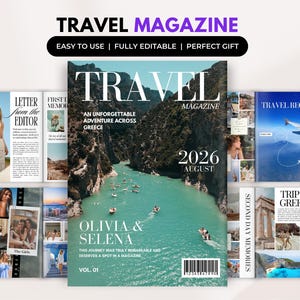 Peut inclure: Un modèle de magazine de voyage numérique présentant une couverture avec un canyon fluvial turquoise, le texte TRAVEL MAGAZINE, 2026 AUGUST, OLIVIA & SELENA, VOL. 01 et un code-barres. La mise en page inclut des pages intérieures avec des collages photo.