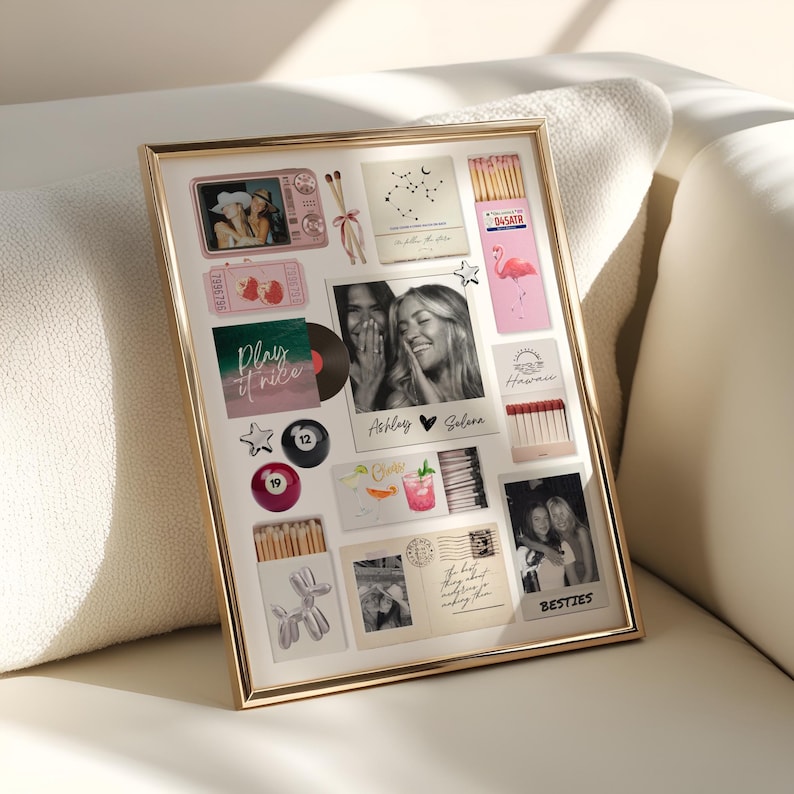 May include: A gold framed collage featuring various images and objects. Includes photos, matchboxes, a vinyl record, and a pool ball. The photos include the text "Ashley Selena" and "Besties". The collage is displayed on a white surface.
