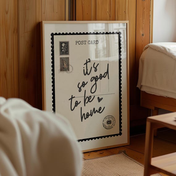It's So Good To Be Home Gray And Cream Vintage Postcard Vertical Wall Art Aesthetic Cozy Apartment Decor Hallway Wall Art Motivation Poster