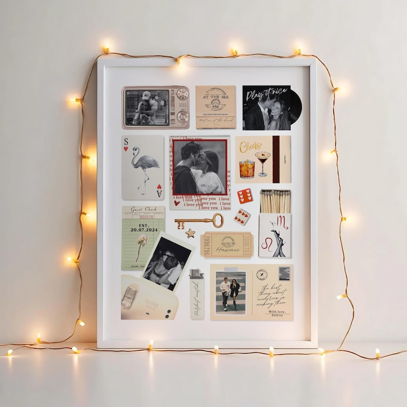 May include: A white framed collage featuring various vintage-style images and ephemera. Includes black and white photos, playing cards, a key, and ticket stubs. A string of warm white fairy lights surrounds the frame, creating a cozy aesthetic.