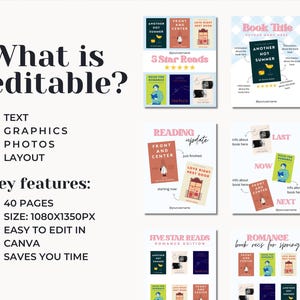 May include: A set of nine colorful social media templates for book recommendations. Each template features a different book cover, a title, and a star rating. The templates are designed to be used on Instagram or other social media platforms.
