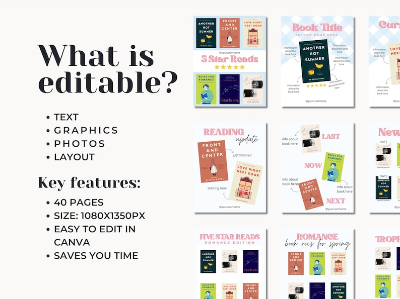 May include: A set of nine colorful social media templates for book recommendations. Each template features a different book cover, a title, and a star rating. The templates are designed to be used on Instagram or other social media platforms.