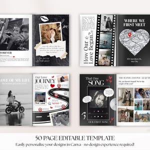 May include: A black and white photo album template with various layouts. The pages feature photos, text, and decorative elements like hearts and a map. Text includes "Forever", "Our Love Journey", and "Where We First Meet".