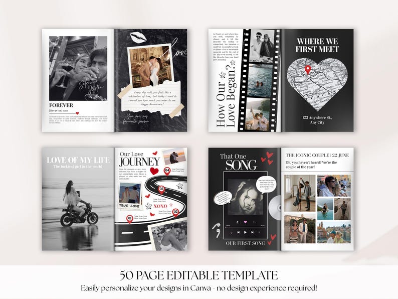 May include: A black and white photo album template with various layouts. The pages feature photos, text, and decorative elements like hearts and a map. Text includes "Forever", "Our Love Journey", and "Where We First Meet".