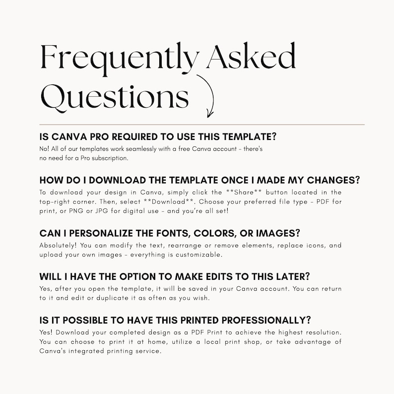 K&ouml;nnte beinhalten: Cremefarbene Grafik mit dem Titel "Frequently Asked Questions" in einer stilvollen Schriftart. Der Text beantwortet h&auml;ufige Fragen zur Verwendung einer Canva-Vorlage, einschlie&szlig;lich Herunterladen, Bearbeiten und Drucken.