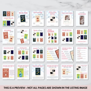 May include: A printable digital planner for book lovers with a pink and green color scheme. The planner includes pages for tracking books read, book reviews, and book lists.