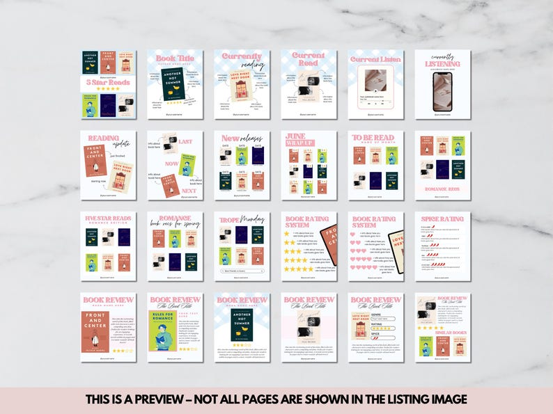May include: A printable digital planner for book lovers with a pink and green color scheme. The planner includes pages for tracking books read, book reviews, and book lists.