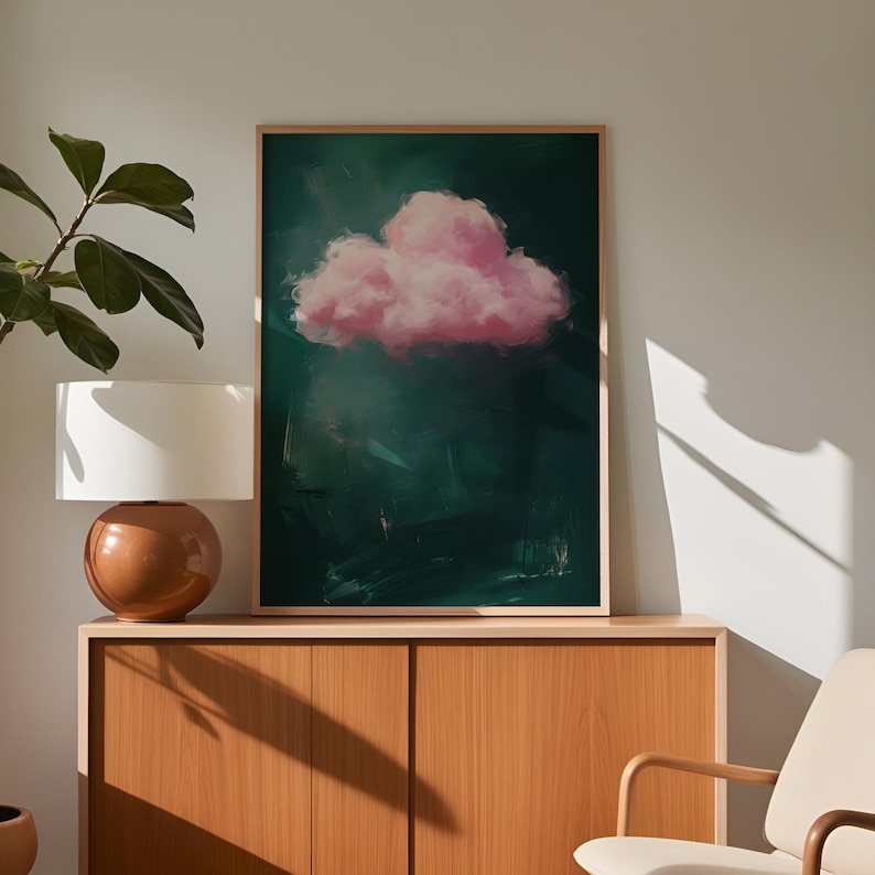 Green wall art with pink prints in cloud print design, ideal for trendy wall art or bedroom wall art spaces.