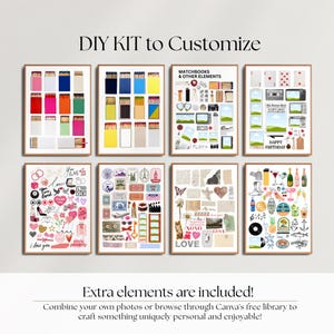 May include: A collection of framed art prints featuring various designs, including matchbooks, vintage elements, and love-themed graphics. Text includes "DIY KIT to Customize" and "Extra elements are included!"