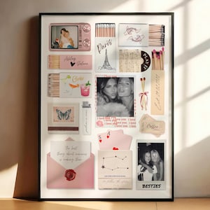 Può includere: Un collage incorniciato con vari elementi. Include una TV retrò rosa, scatole di fiammiferi con testo e illustrazioni, foto, carte da gioco e una busta rosa con un sigillo di cera. La parola "BESTIES" è visibile.