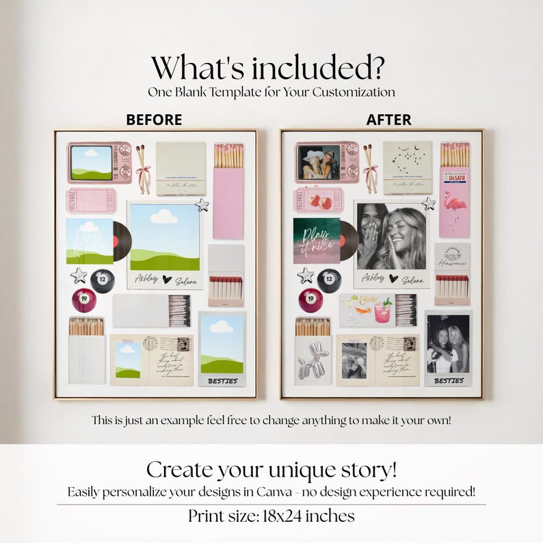 May include: A framed collage template with "BEFORE" and "AFTER" examples. The "BEFORE" side shows blank spaces for customization, while the "AFTER" side displays filled spaces with photos and graphics. Text includes "What's included?" and "Create your unique story!" Print size is 18x24 inches.