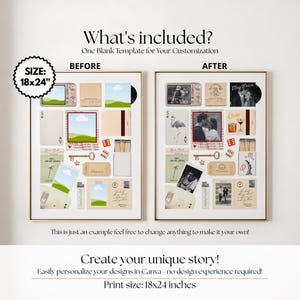 May include: A framed collage template, 18x24 inches, with "BEFORE" and "AFTER" examples. The "BEFORE" side shows blank templates, while the "AFTER" side displays filled templates with photos and graphics. Text includes "What's included?" and "Create your unique story!"
