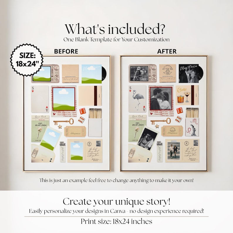 May include: A framed collage template, 18x24 inches, with "BEFORE" and "AFTER" examples. The "BEFORE" side shows blank templates, while the "AFTER" side displays filled templates with photos and graphics. Text includes "What's included?" and "Create your unique story!"