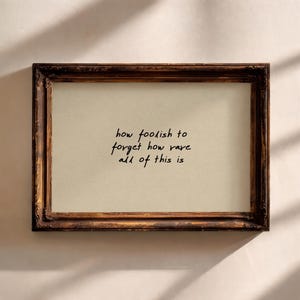 May include: A rectangular wall art piece featuring a dark brown, ornate wooden frame with a distressed finish. Inside, a light beige background displays the black handwritten text: how foolish to forget how rare all of this is. The frame is rectangular.
