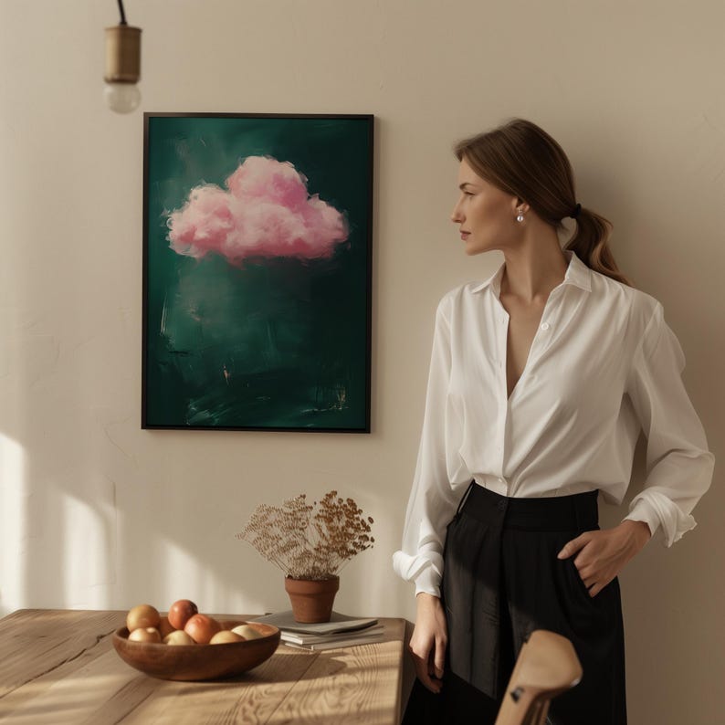 Downloadable emerald green pink cloud print perfect for trendy wall art, above bed decor, and green wall art accents.